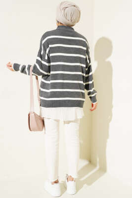 Çizgili Salaş Hırka Füme - Triko Hırka