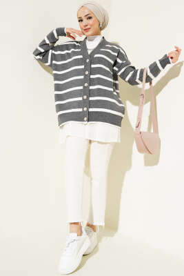 Çizgili Salaş Hırka Füme - Triko Hırka