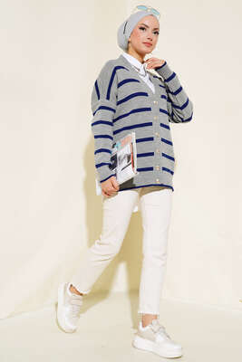 Çizgili Salaş Hırka Gri Lacivert - Triko Hırka