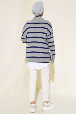 Çizgili Salaş Hırka Gri Lacivert - Triko Hırka