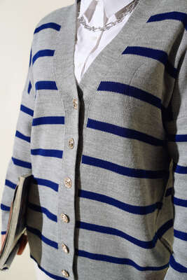 Çizgili Salaş Hırka Gri Lacivert - Triko Hırka