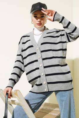 Çizgili Salaş Hırka Gri Siyah - Triko Hırka