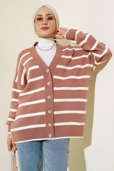 Çizgili Salaş Hırka Gül Kurusu - Hırka