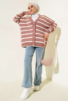 Çizgili Salaş Hırka Gül Kurusu - Triko Hırka