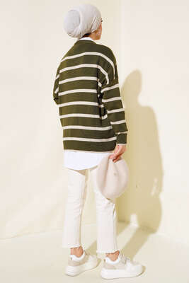 Çizgili Salaş Hırka Haki Bej - Triko Hırka