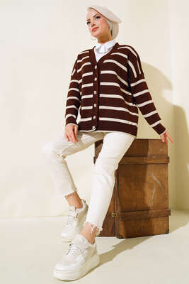 Çizgili Salaş Hırka Kahve Bej - Triko Hırka