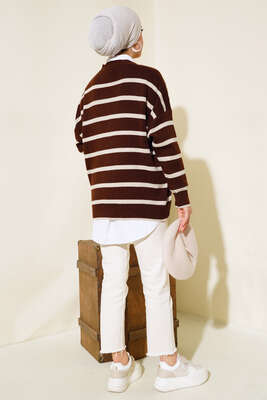 Çizgili Salaş Hırka Kahve Bej - Triko Hırka