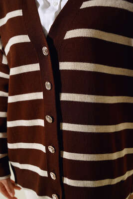 Çizgili Salaş Hırka Kahve Bej - Triko Hırka