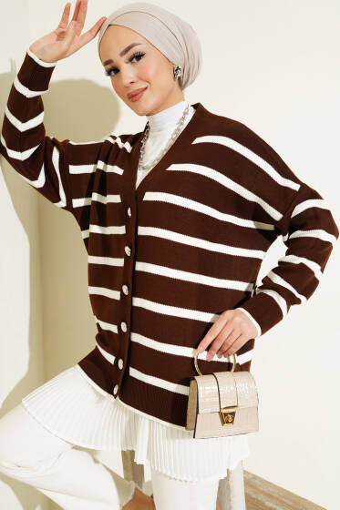 Çizgili Salaş Hırka Kahve - Hırka