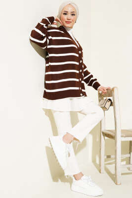 Çizgili Salaş Hırka Kahve - Triko Hırka