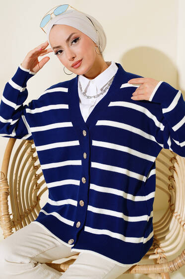 Çizgili Salaş Hırka Lacivert - Hırka