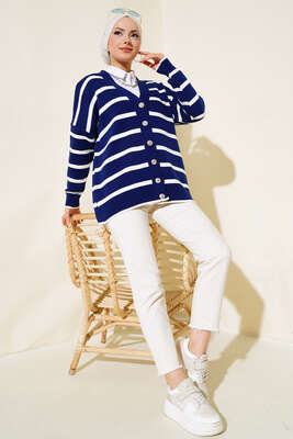 Çizgili Salaş Hırka Lacivert - Triko Hırka