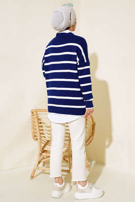 Çizgili Salaş Hırka Lacivert - Triko Hırka