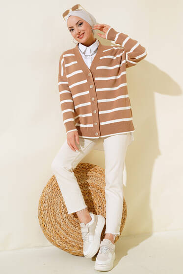 Çizgili Salaş Hırka Latte Ekru - Hırka