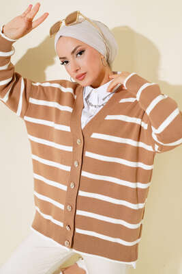 Çizgili Salaş Hırka Latte Ekru - Triko Hırka