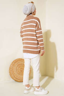 Çizgili Salaş Hırka Latte Ekru - Triko Hırka