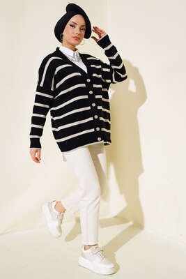Çizgili Salaş Hırka Siyah Bej - Triko Hırka