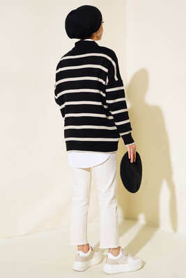 Çizgili Salaş Hırka Siyah Bej - Triko Hırka