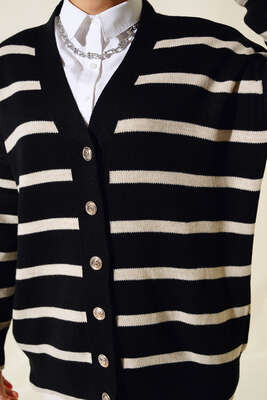 Çizgili Salaş Hırka Siyah Bej - Triko Hırka