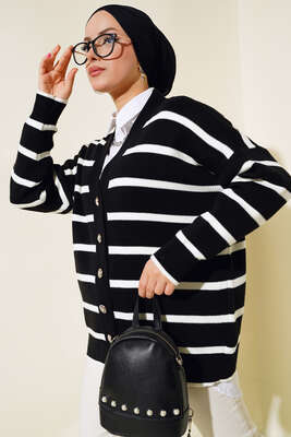 Çizgili Salaş Hırka Siyah 