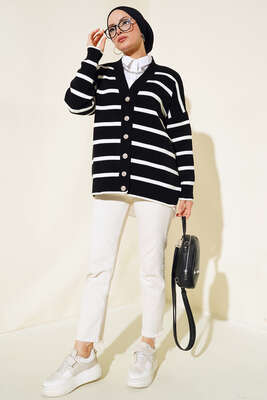 Çizgili Salaş Hırka Siyah - Triko Hırka