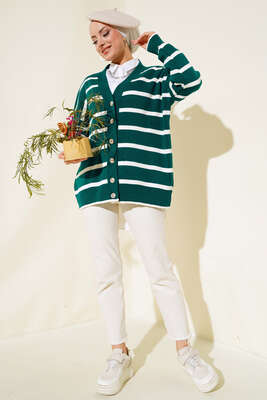 Çizgili Salaş Hırka Zümrüt - Triko Hırka