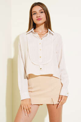 Çizgili Salaş Kısa Gömlek Latte - Kadın Giyim Modelleri