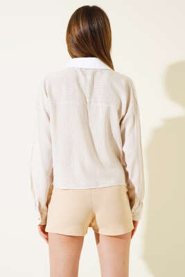 Çizgili Salaş Kısa Gömlek Latte - Kadın Giyim Modelleri