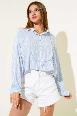 Çizgili Salaş Kısa Gömlek Mavi - Kadın Giyim Modelleri