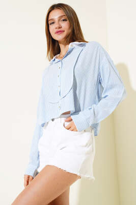 Çizgili Salaş Kısa Gömlek Mavi - LUSTRİN