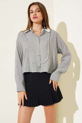 Çizgili Salaş Kısa Gömlek Siyah - Kadın Giyim Modelleri
