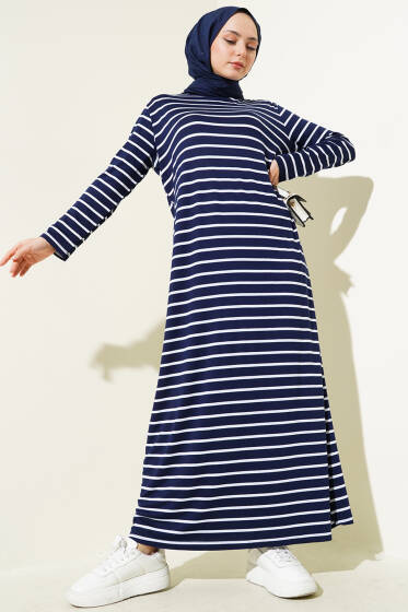 Çizgili Salaş Penye Elbise Lacivert - Elbise