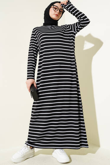 Çizgili Salaş Penye Elbise Siyah - Elbise