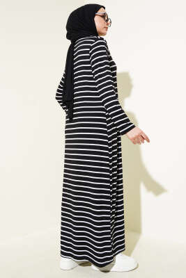 Çizgili Salaş Penye Elbise Siyah - Tesettür Elbise
