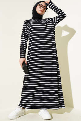 Çizgili Salaş Penye Elbise Siyah - Tesettür Elbise