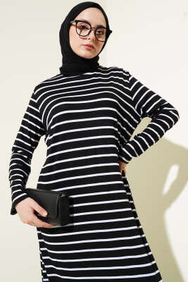 Çizgili Salaş Penye Elbise Siyah - Tesettür Elbise