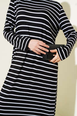 Çizgili Salaş Penye Elbise Siyah - Tesettür Elbise