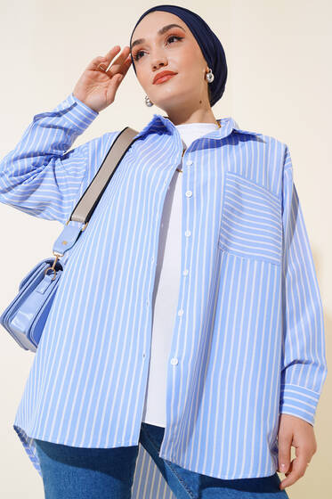 Çizgili Salaş Tek Cepli Gömlek Mavi - Gömlek