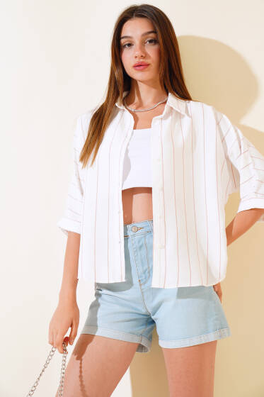 Çizgili Salaş Yarasa Kol Gömlek Camel - Kadın Giyim Modelleri