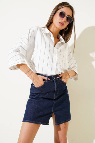 Çizgili Salaş Yarasa Kol Gömlek Siyah - Kadın Giyim Modelleri