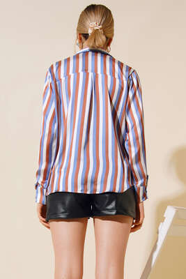 Çizgili Saten Gömlek Taba - Kadın Giyim Modelleri