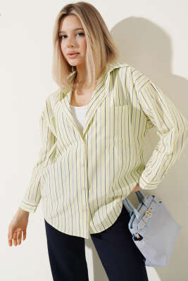 Çizgili Sırt Düğmeli Gömlek Lime - LUSTRİN
