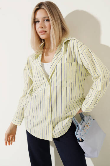 Çizgili Sırt Düğmeli Gömlek Lime - Kadın Giyim Modelleri