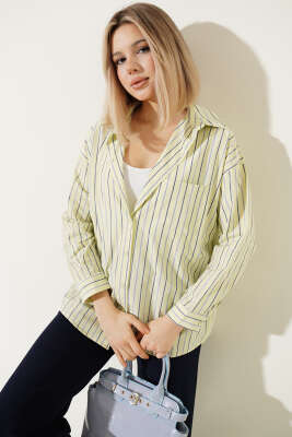 Çizgili Sırt Düğmeli Gömlek Lime - Kadın Giyim Modelleri