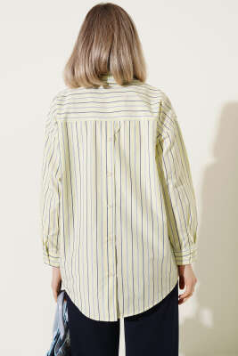 Çizgili Sırt Düğmeli Gömlek Lime - Kadın Giyim Modelleri