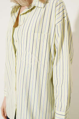 Çizgili Sırt Düğmeli Gömlek Lime - Kadın Giyim Modelleri