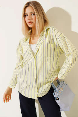 Çizgili Sırt Düğmeli Gömlek Lime - LUSTRİN