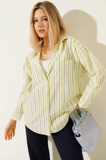 Çizgili Sırt Düğmeli Gömlek Lime - Kadın Giyim Modelleri