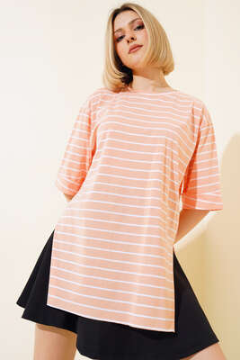 Çizgili Somon Tshirt - Kadın Giyim Modelleri