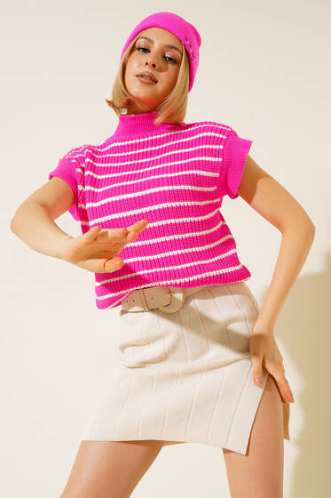 Çizgili Süveter Fuşya - Kadın Giyim Modelleri